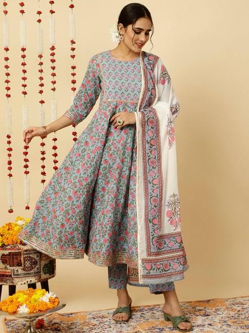 jaipur kurti blue printed anarkali kurta with pant & dupatta