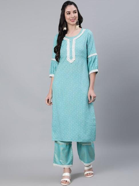 jaipur kurti blue printed kurta & palazzo set