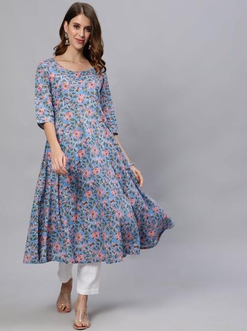 jaipur kurti blue printed regular fit kurta