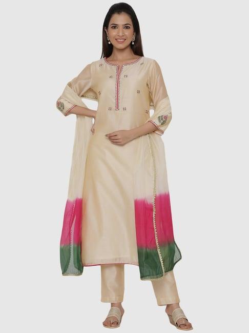 jaipur kurti cream embroidered kurta pant set with dupatta