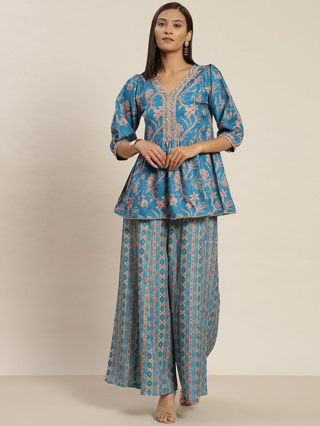 jaipur kurti ethnic motif printed v-neck puff sleeves peplum top with palazzo co-ords