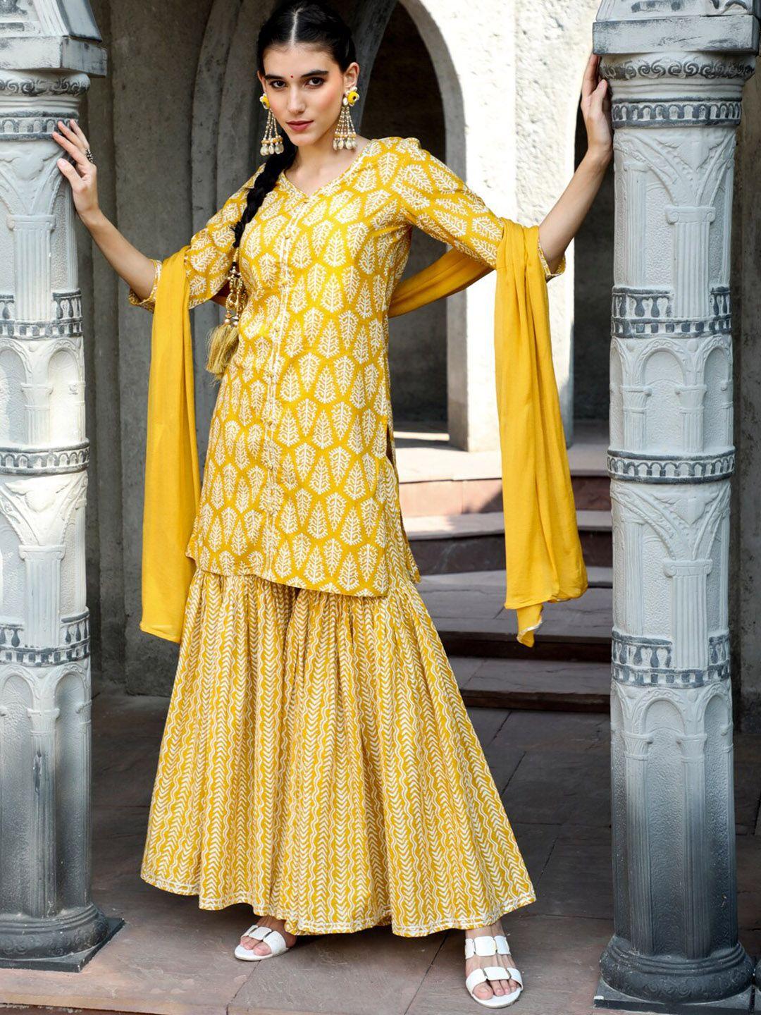 jaipur kurti ethnic motif printed v-neck pure cotton straight kurta with sharara & dupatta