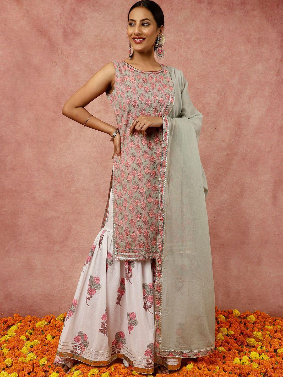 jaipur kurti ethnic motifs printed gotta patti pure cotton kurta with sharara & dupatta