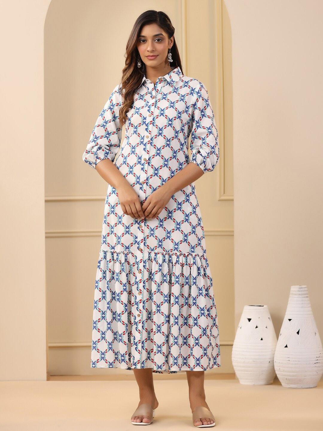 jaipur kurti ethnic motifs printed puff sleeves gathered tiered cotton a-line midi dress