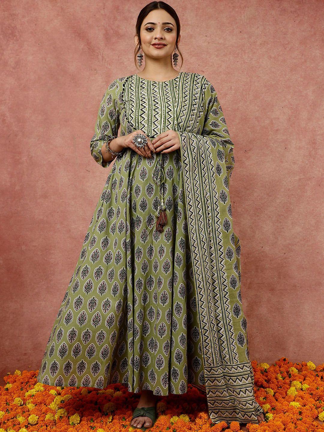 jaipur kurti ethnic motifs printed pure cotton anarkali kurta with trousers & dupatta