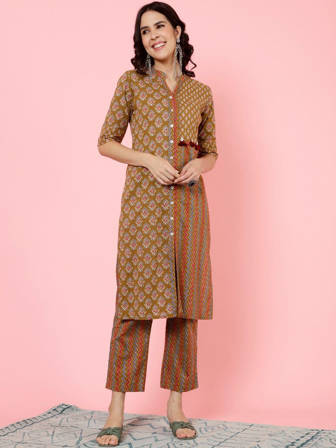 jaipur kurti ethnic motifs printed pure cotton straight kurta with trousers