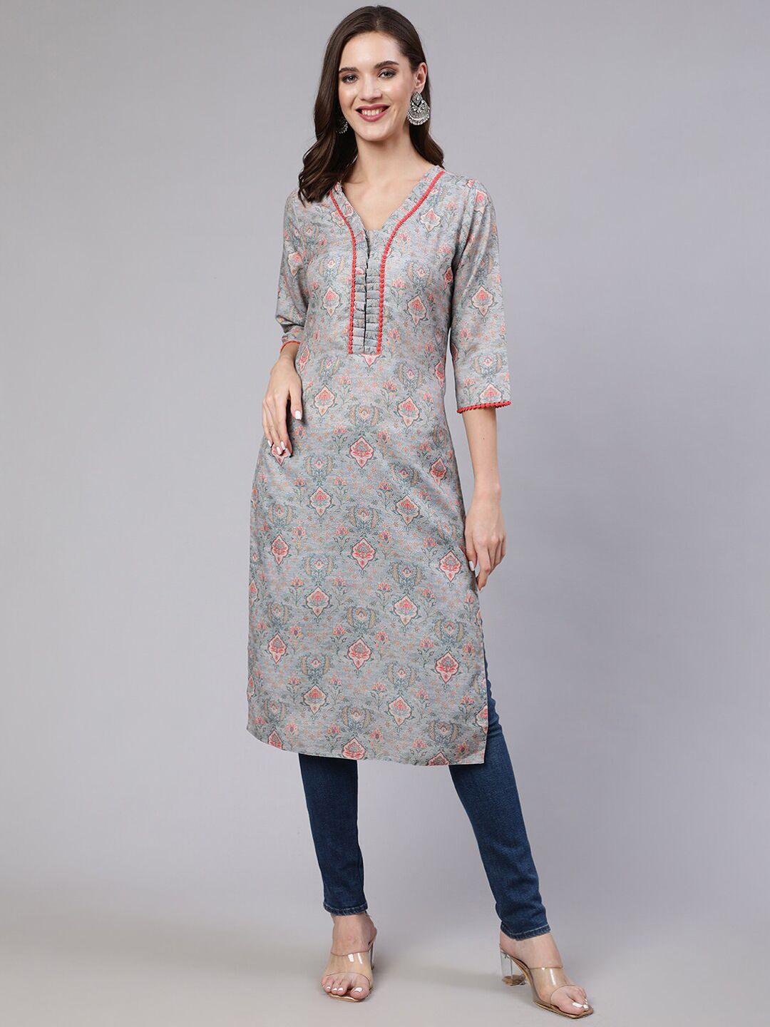 jaipur kurti ethnic motifs printed v-neck straight kurta