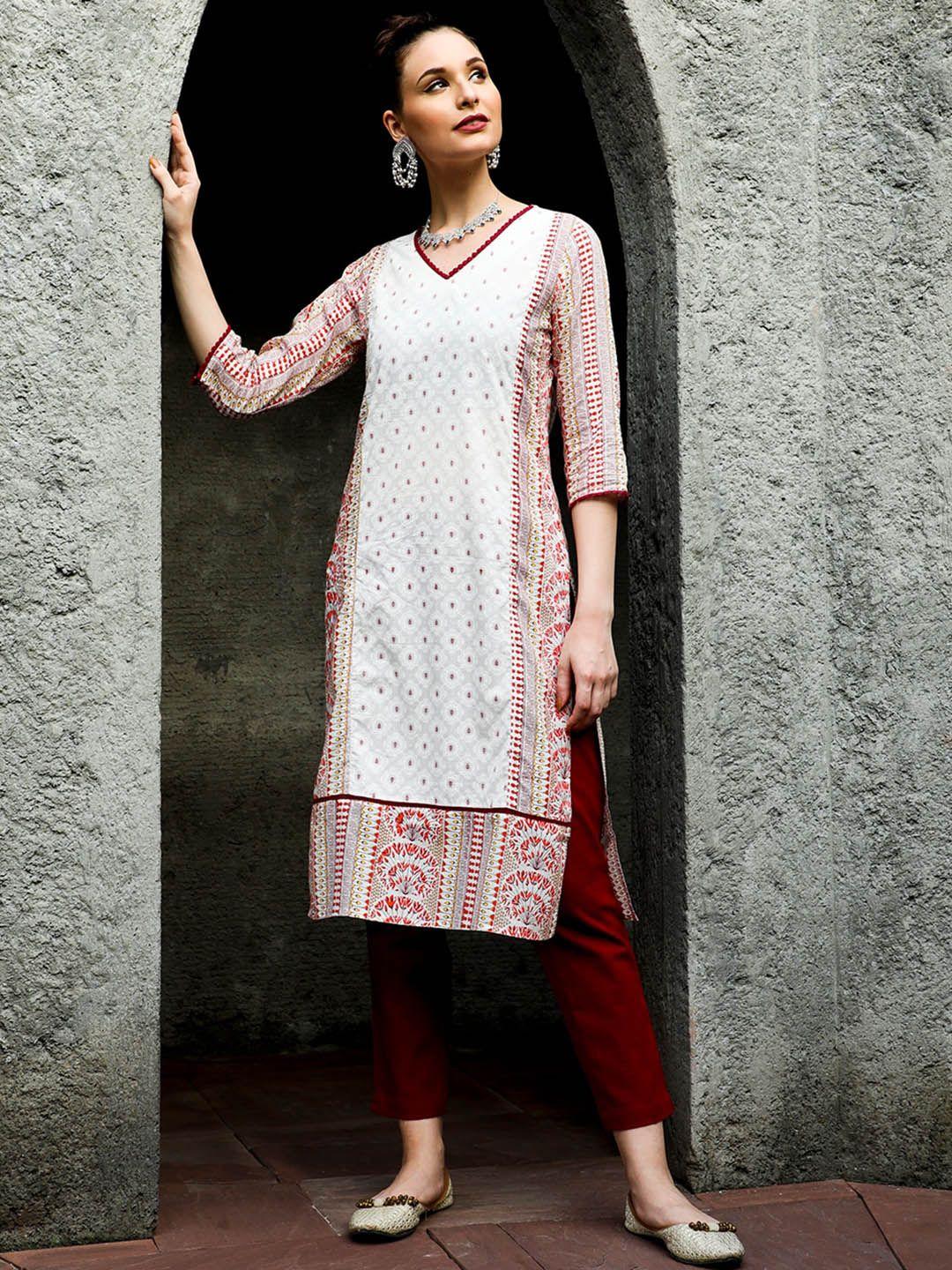 jaipur kurti ethnic motifs printed v-neck straight kurta