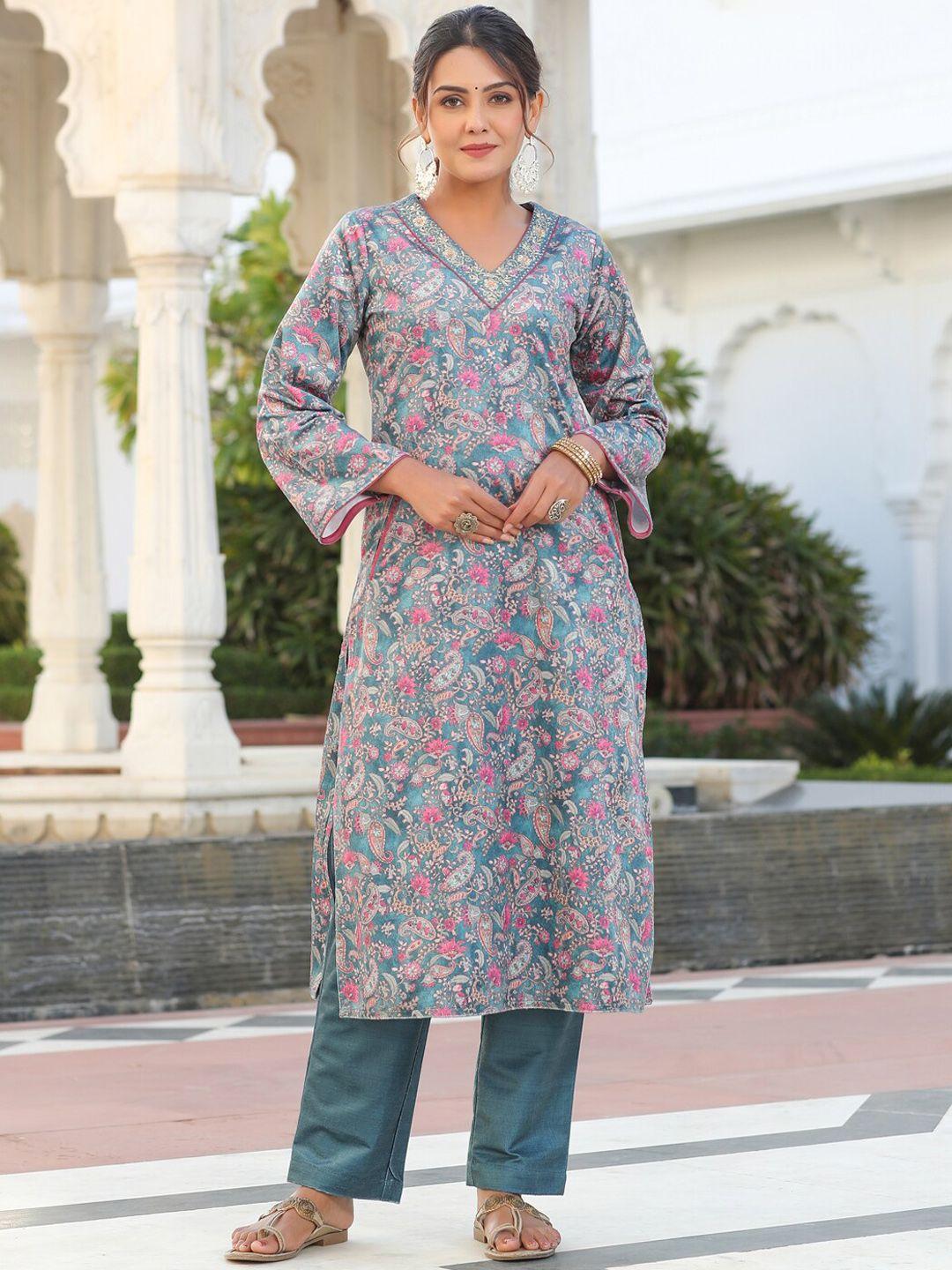 jaipur kurti ethnic motifs printed velvet kurta with trousers