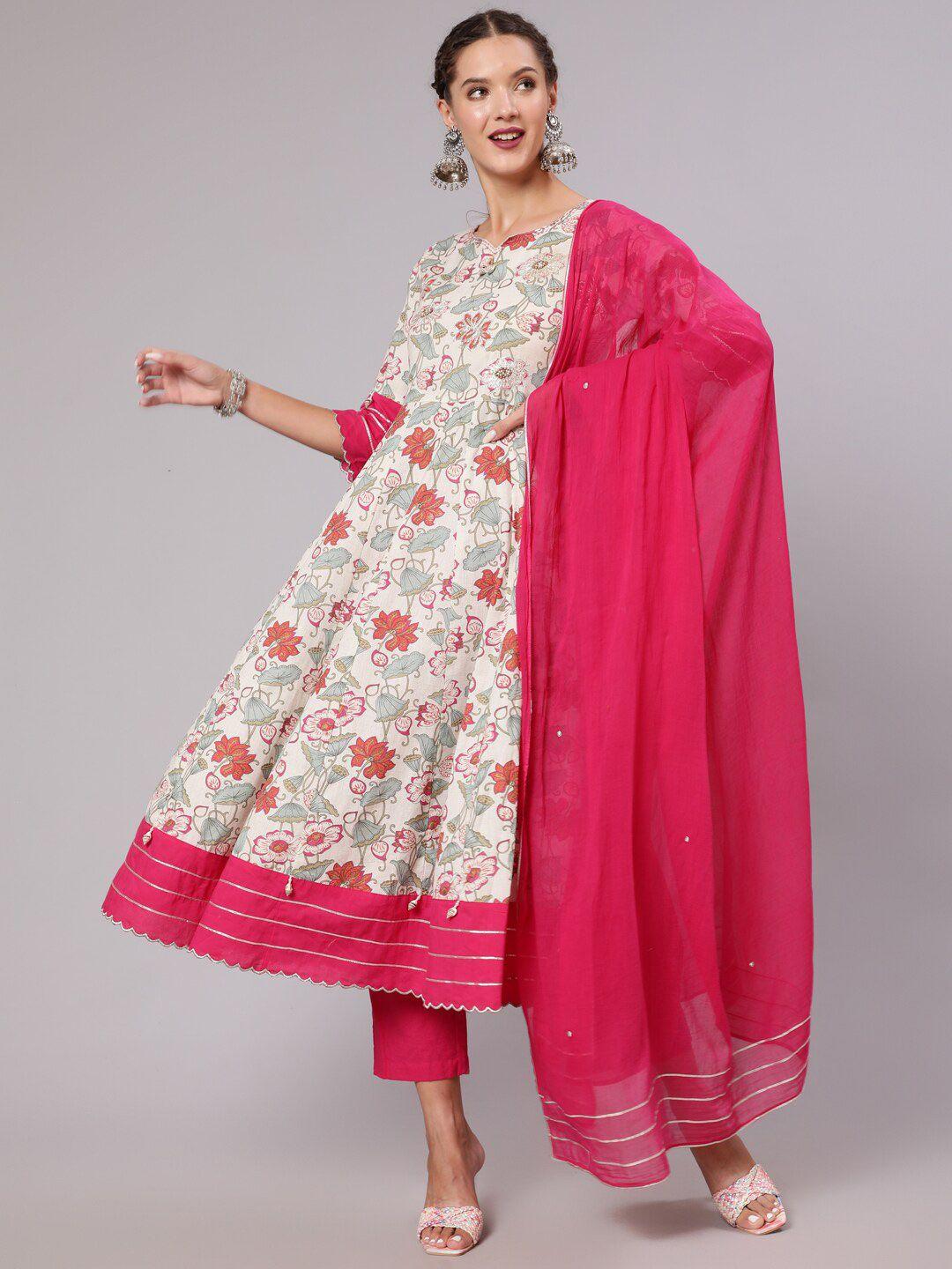 jaipur kurti floral printed beads and stones pure cotton kurta with trousers & dupatta