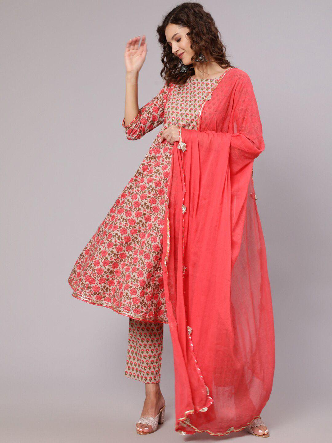 jaipur kurti floral printed empire gotta patti pure cotton kurta with trousers & dupatta