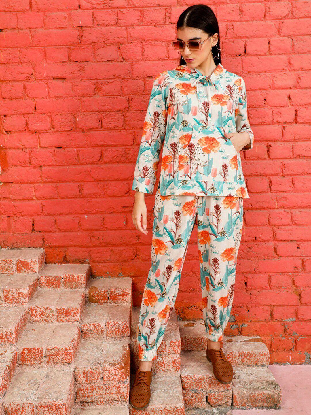 jaipur kurti floral printed hooded pure cotton top with joggers