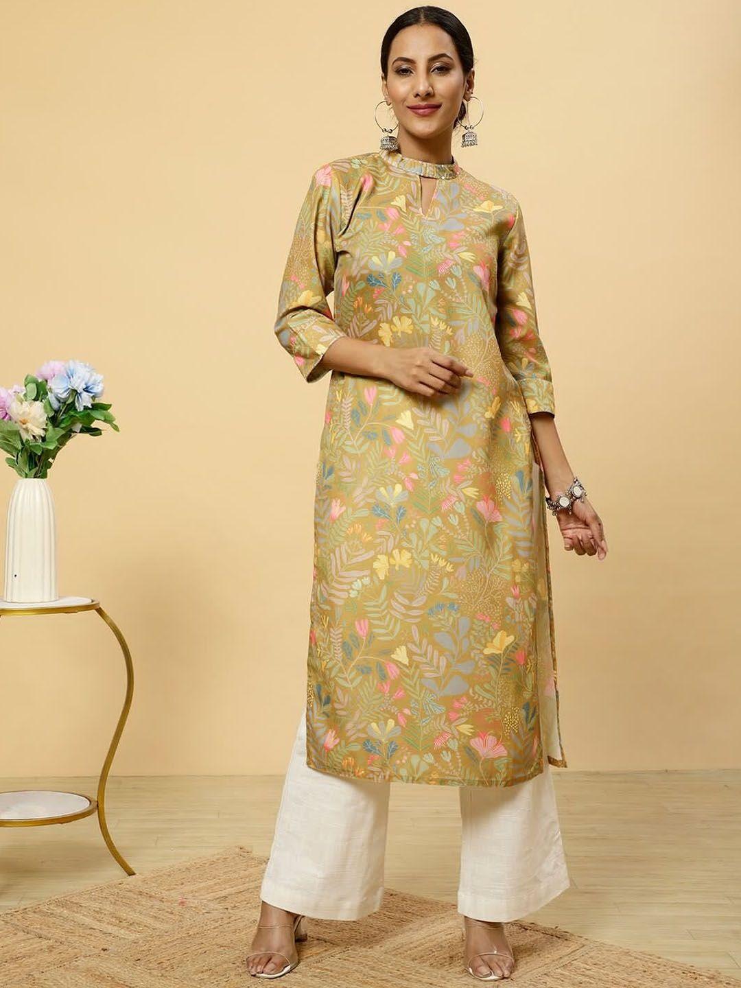 jaipur kurti floral printed keyhole neck linen straight kurta