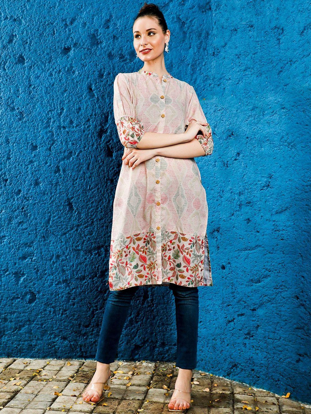 jaipur kurti floral printed mandarin collar puff sleeves straight kurta