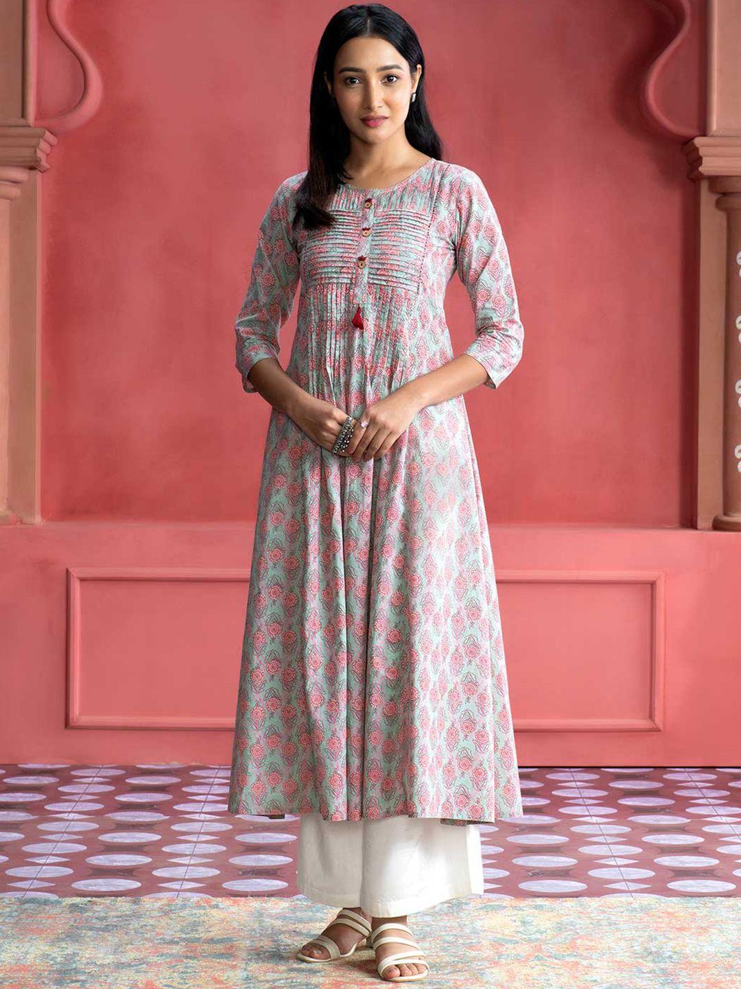 jaipur kurti floral printed mirror work a-line kurta