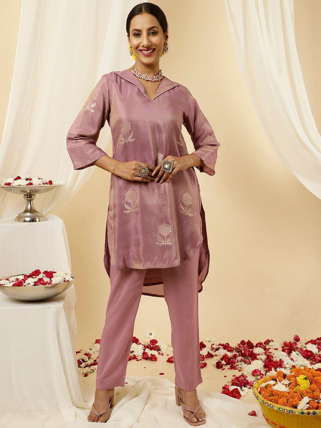 jaipur kurti floral woven design pure silk kurta with trousers