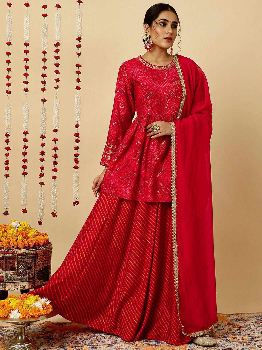 jaipur kurti fuchsia bandhani printed thread work a-line kurta & skirt with dupatta