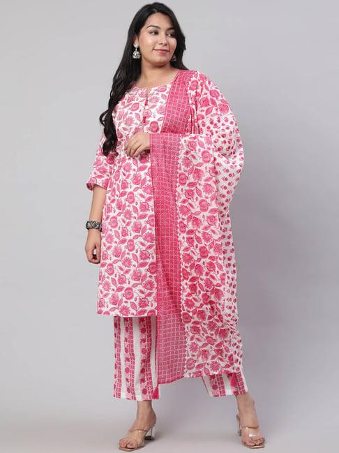 jaipur kurti fuchsia floral print plus size kurta with pant & dupatta