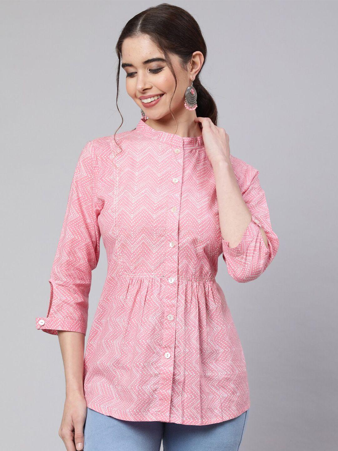 jaipur kurti geometric printed mandarin collar shirt style cotton top