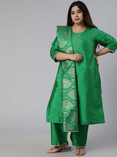 jaipur kurti green blended straight fit kurta with palazzo & dupatta