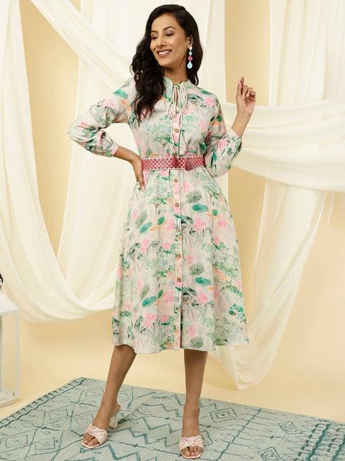 jaipur kurti green cotton printed a line dress with belt