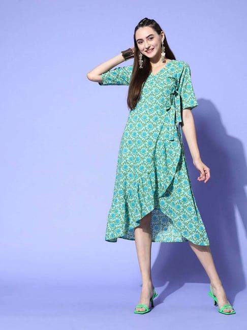 jaipur kurti green cotton printed a-line dress