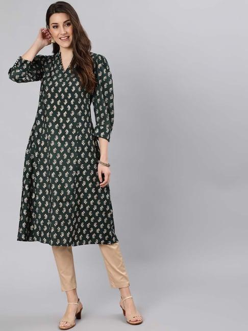 jaipur kurti green cotton printed flare fit kurta