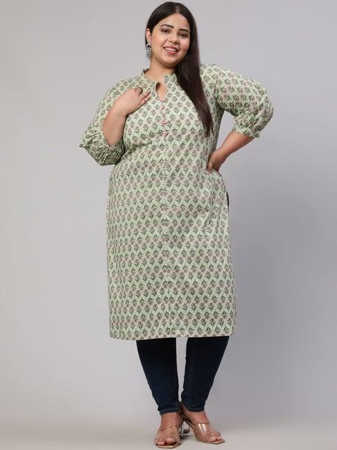 jaipur kurti green cotton printed straight plus size kurta