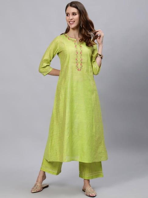 jaipur kurti green embroidered kurta & palazzo set