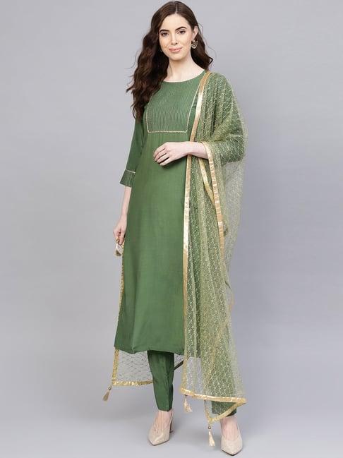 jaipur kurti green embroidered kurti pant set with dupatta