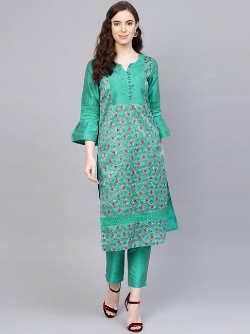 jaipur kurti green embroidered kurti pant set