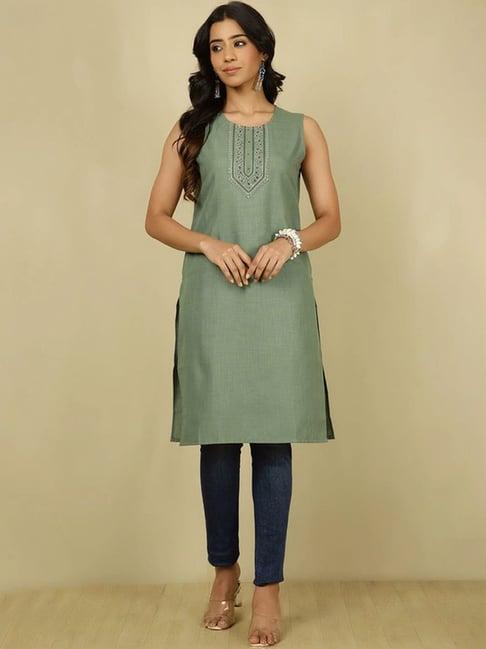 jaipur kurti green embroidered straight kurta