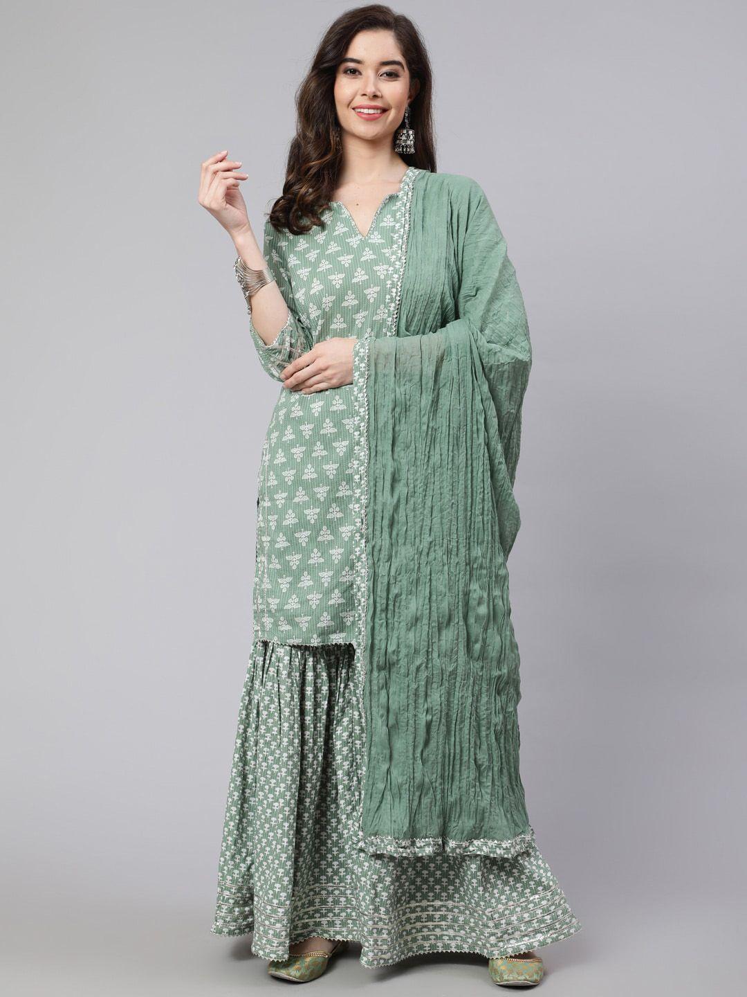 jaipur kurti green ethnic printed regular cotton gotta patti kurta with sharara & dupatta