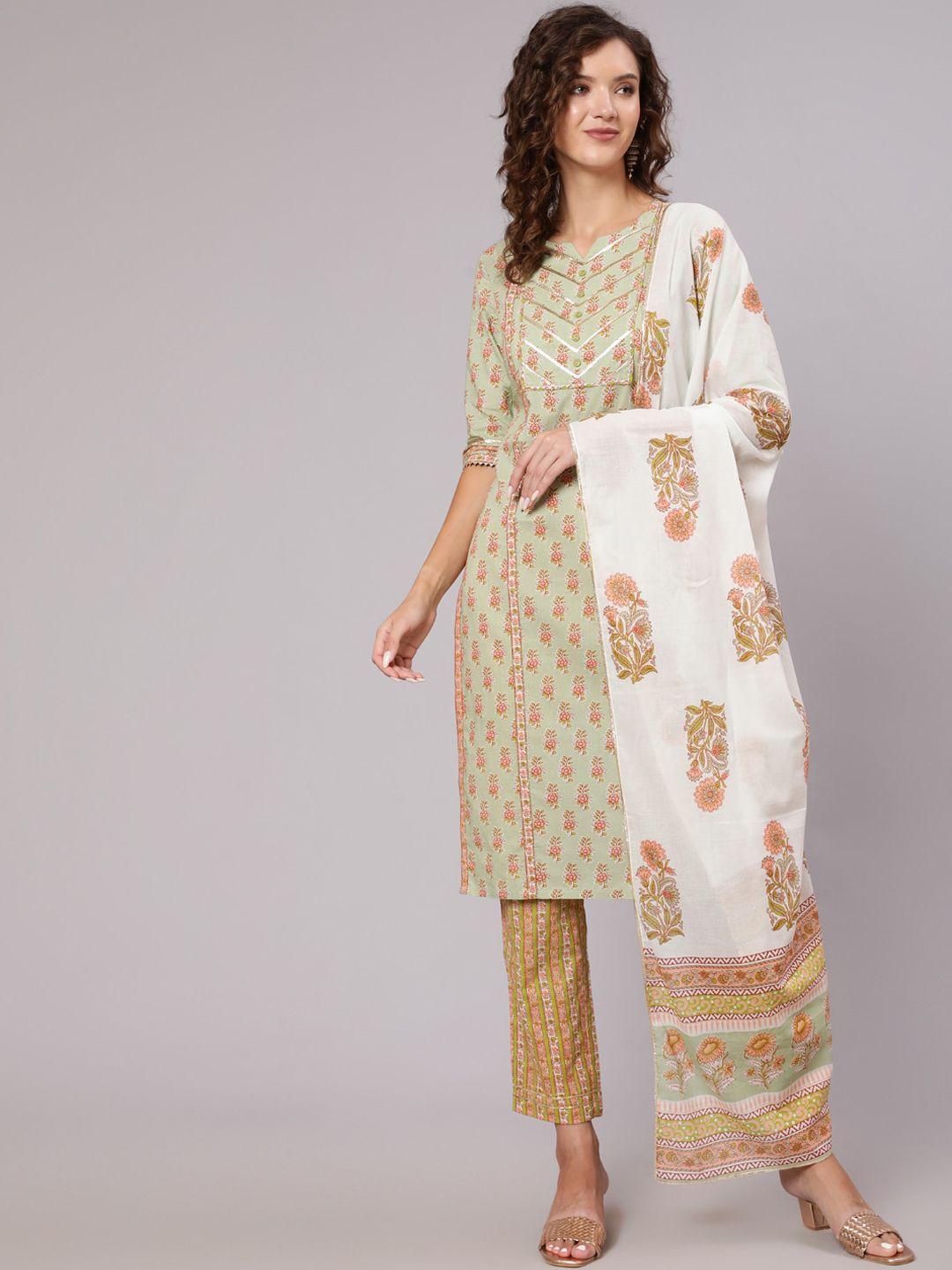 jaipur kurti green floral printed regular gotta patti cotton kurta with trousers & dupatta