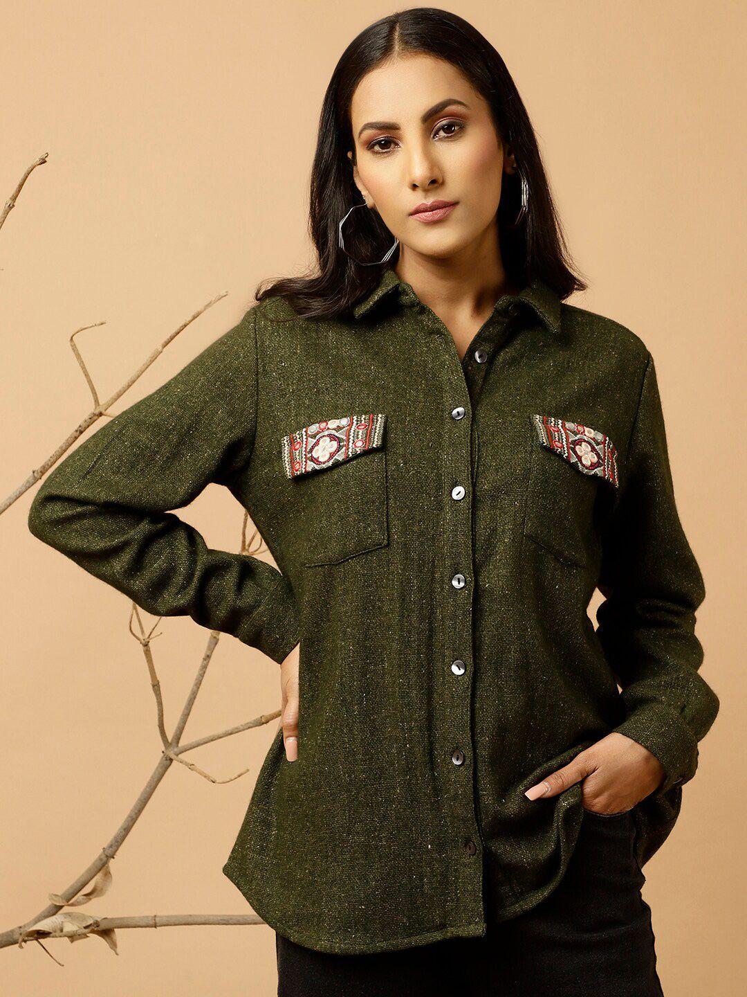jaipur kurti green relaxed spread collar embroidered detailed woollen casual shirt