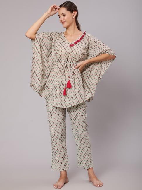 jaipur kurti grey cotton printed kaftan and pyjama set