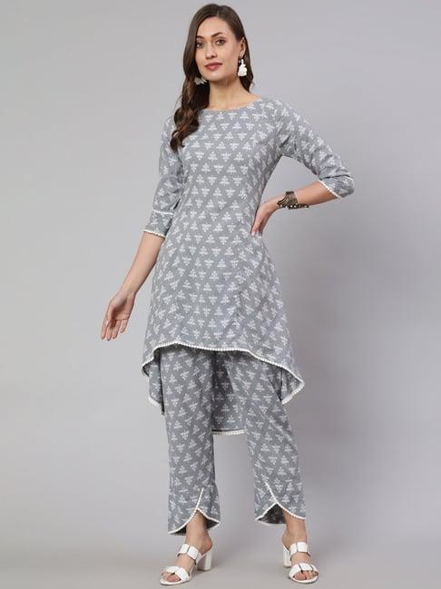 jaipur kurti grey cotton printed kurta pant set