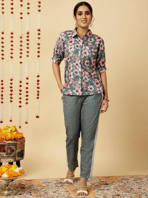 jaipur kurti grey floral print shirt & pant set