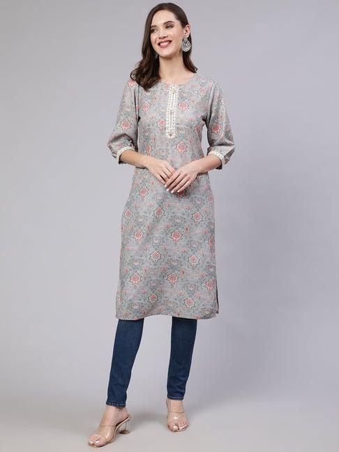 jaipur kurti grey rayon printed straight kurta