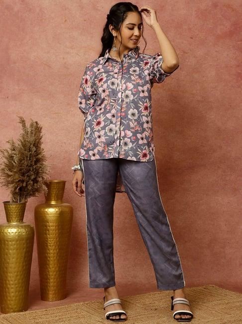 jaipur kurti lavender floral print shirt & pant set