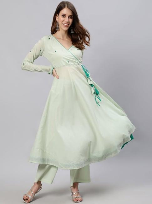 jaipur kurti light green embroidered kurta with palazzos