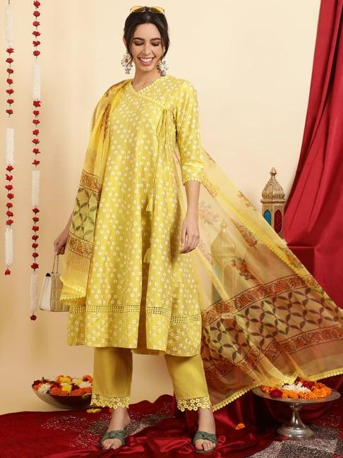 jaipur kurti lime green printed kurta with pant & dupatta