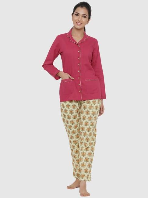 jaipur kurti magenta & green cotton shirt pyjama set