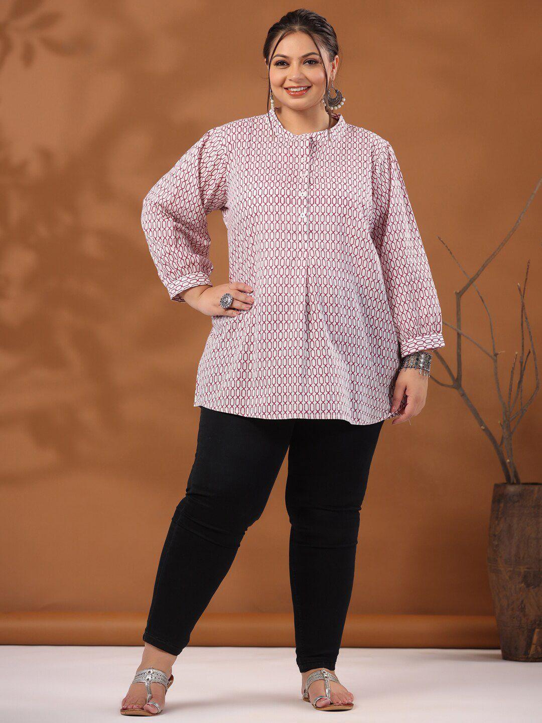 jaipur kurti magenta geometric print mandarin collar cotton shirt style top