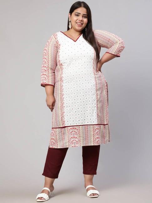 jaipur kurti maroon & white cotton printed plus size straight kurta