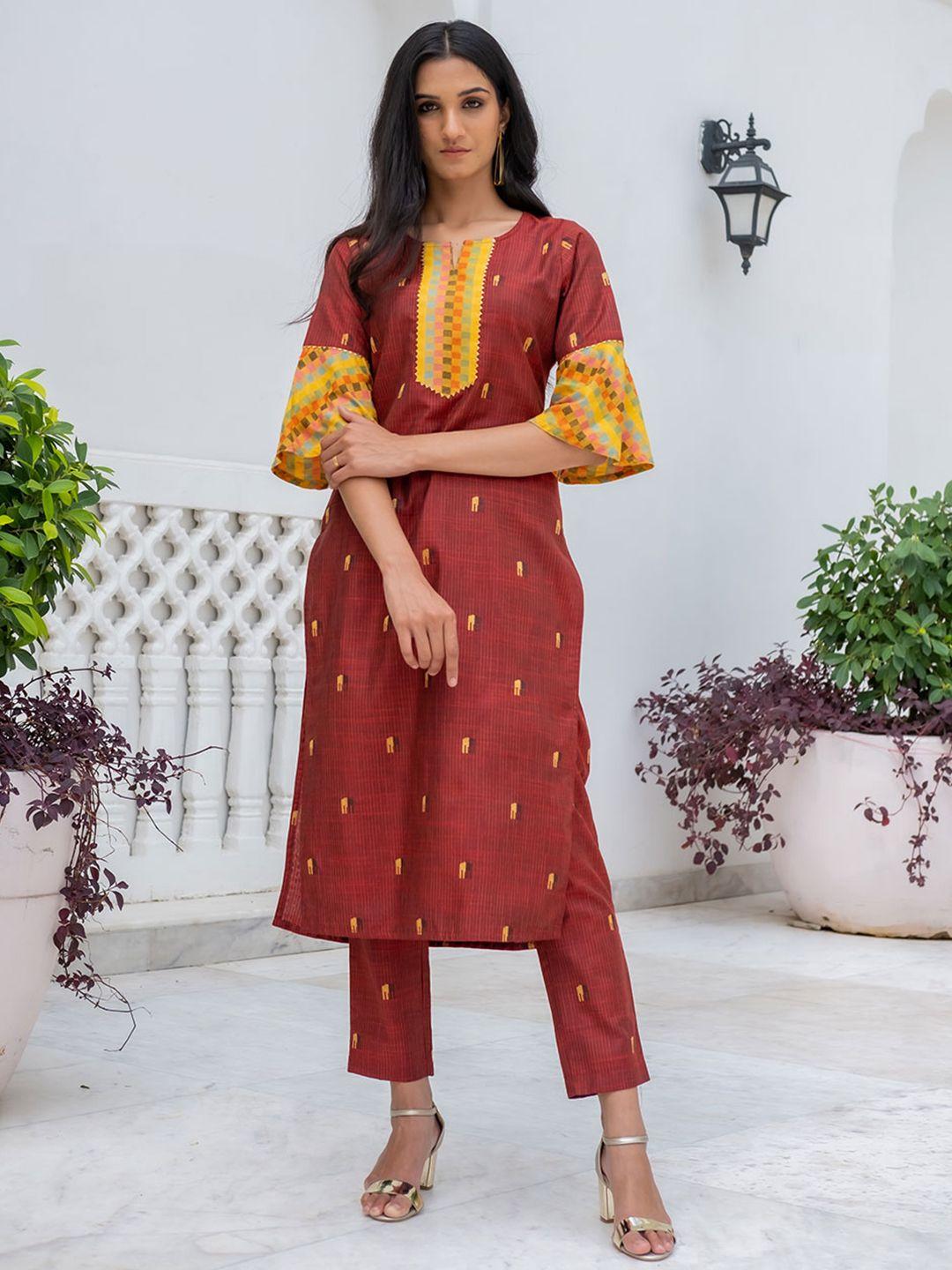 jaipur kurti maroon ethnic motifs printed straight kurta with trousers