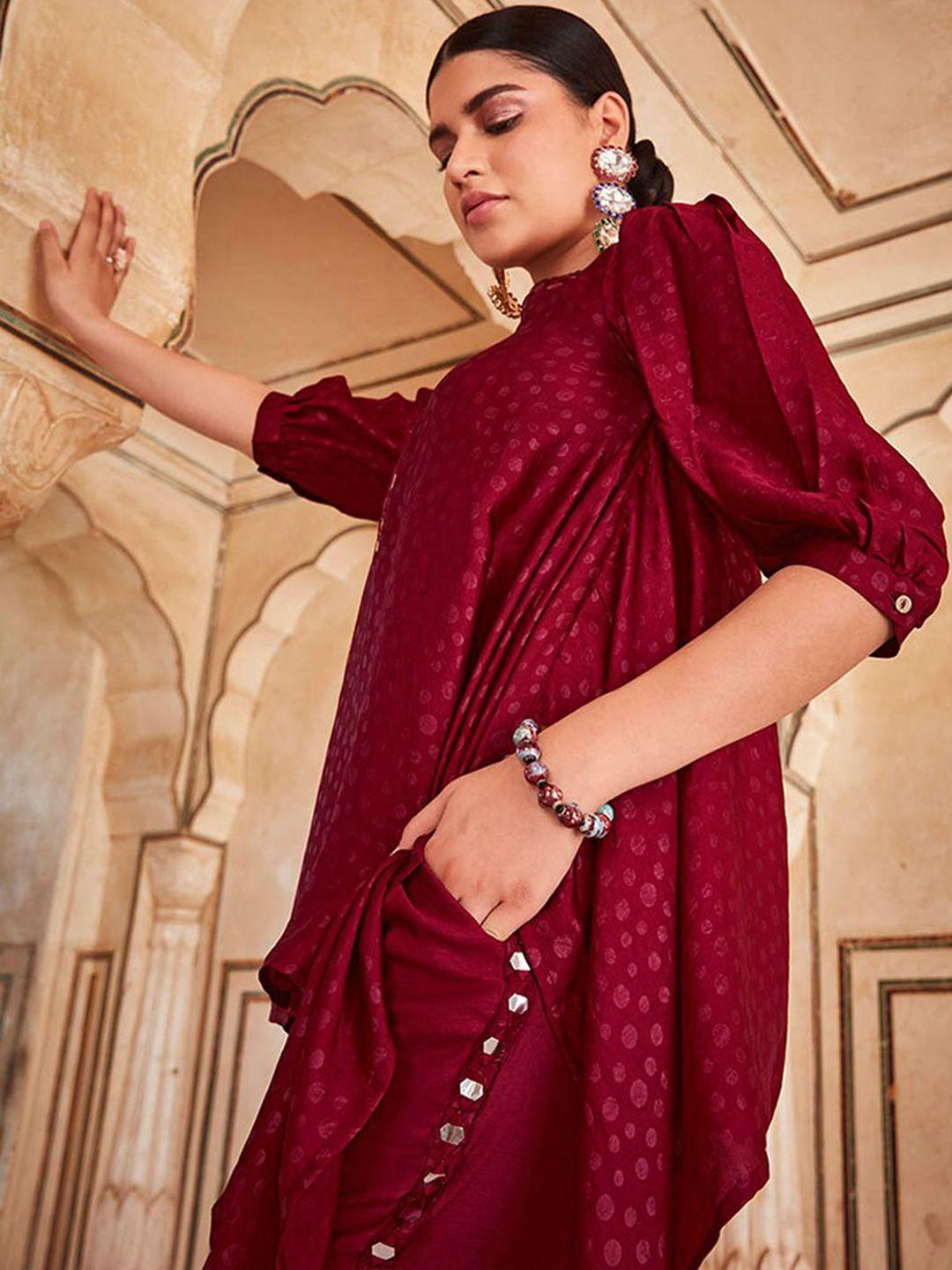 jaipur kurti maroon self design mirror embellished top with trousers co-ords