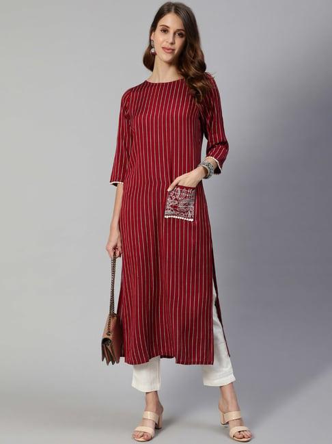 jaipur kurti maroon striped kurta pants set