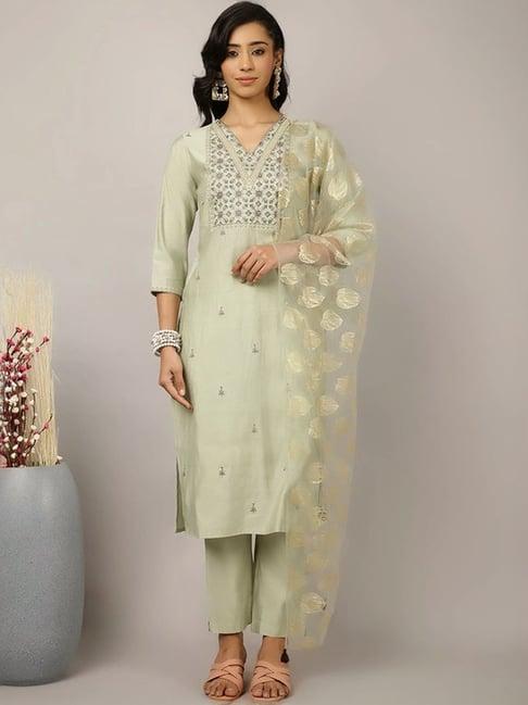 jaipur kurti mint green embroidered kurta pant set with dupatta