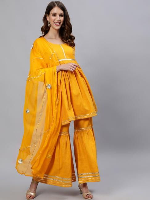 jaipur kurti mustard embroidered kurta with sharara & dupatta